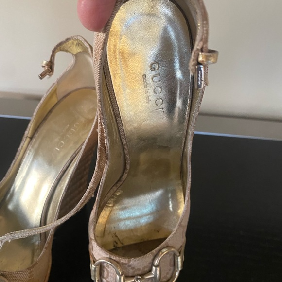 Gucci Beige GG Canvas Horsebit Open Toe Ankle Strap Platform Wedges Pump - Picture 14 of 15